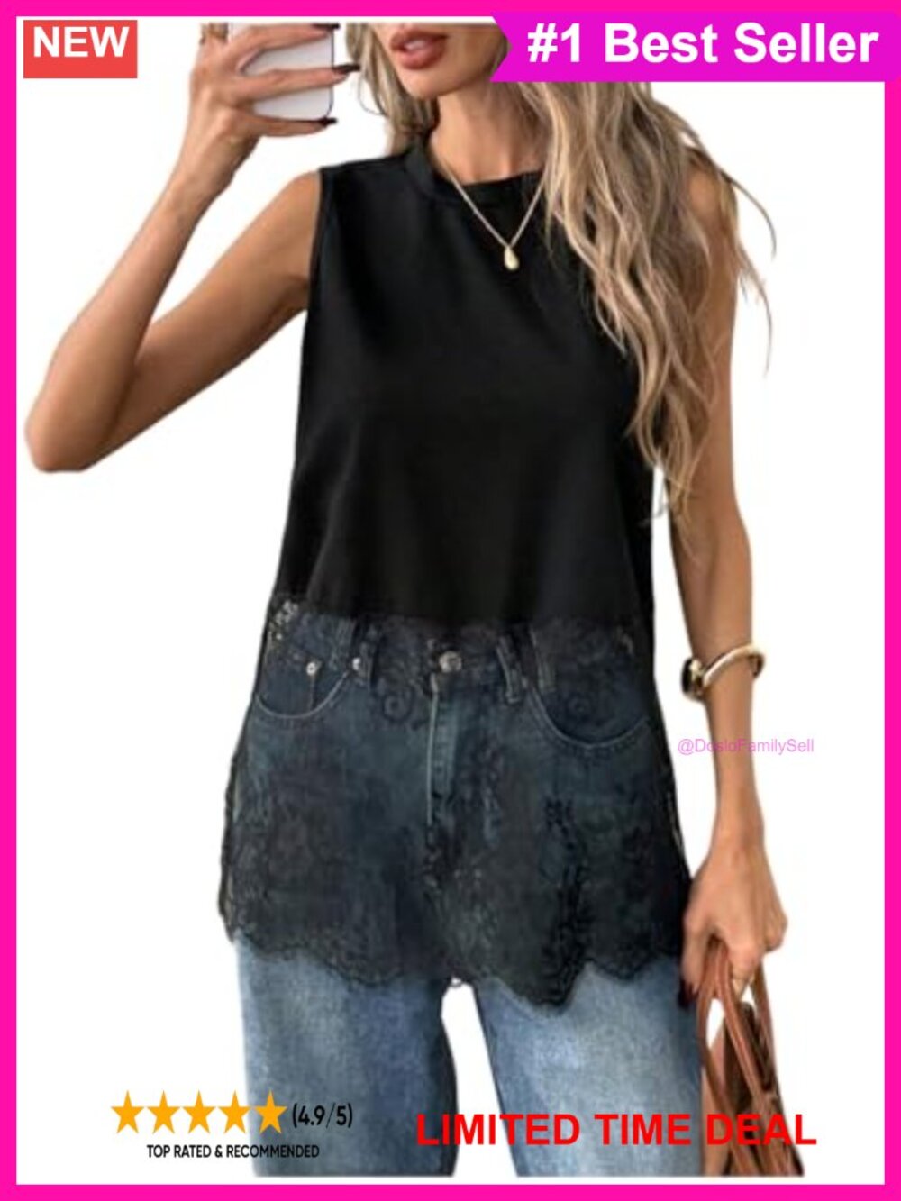 Lace Tank Top Patchwork Crewneck Sleeveless Split Hem